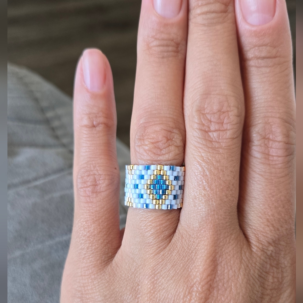 Aztec Beaded Ring with Gold and Blue Accents